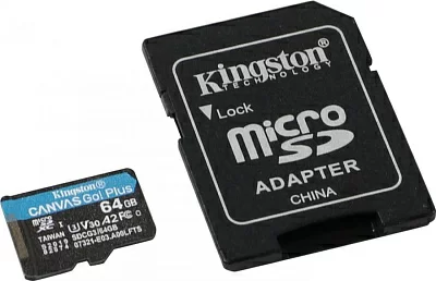 Карта памяти Kingston SDCG3/64GB microSDXC Memory Card 64Gb A2 V30 UHS-I U3 + microSD-->SD Adapter