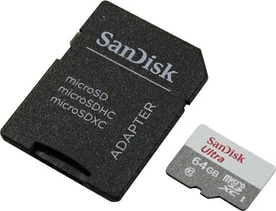 Карта памяти SanDisk Ultra SDSQUNR-064G-GN3MA microSDXC Memory Card 64Gb UHS-I U1 + microSD-- SD Adapter