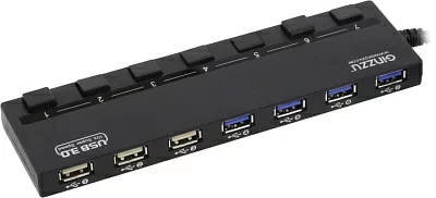 Разветвитель Ginzzu GR-388UAB 4-port USB3.0 + 3-port USB2.0 Hub +Б.п.