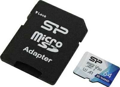 Карта памяти Silicon Power SP064GBSTXDU3V20AB microSDXC Memory Card 64Gb UHS-I U3 V30 + microSD-->SD Adapter