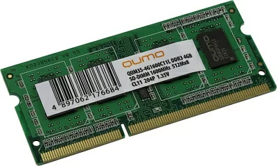 Модуль памяти QUMO QUM3S-4G1600C11L DDR3 SODIMM 4Gb PC3-12800 CL11 (for NoteBook)