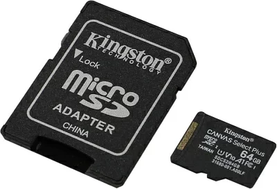 Карта памяти Kingston SDCS2/64GB microSDXC Memory Card 64Gb A1 V10 UHS-I U1 + microSD-->SD Adapter